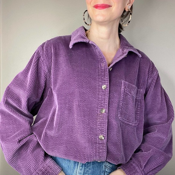 LL Bean wide wale corduroy aubergine purple button-down collared shirt L - Picture 13 of 17